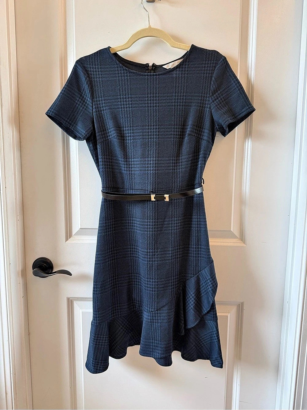 London Times Checkered Belted Mini Dress in Blue Size 2 EUC
